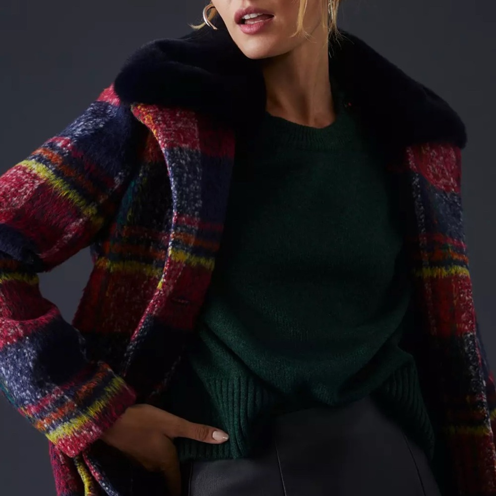 Anthropology NVLT Navy and Red Plaid Coat with Faux fur Collar new! - Picture 3 of 13